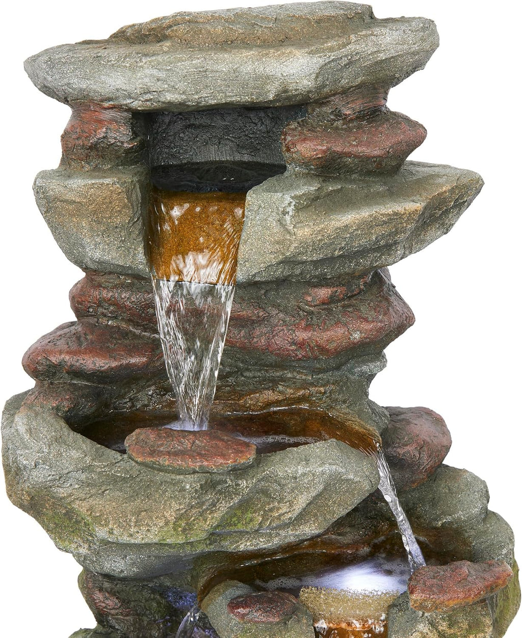 Alpine Corporation 31' Tall Outdoor 4-Tier Rock Floor Fountain, Cascading Waterfall with Cool White LED Lights, Gray