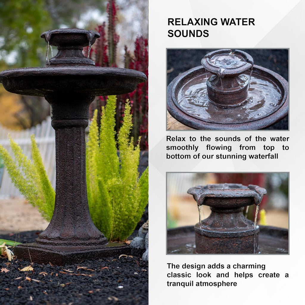 XBrand 28' Tiered Freestanding Classic Bird Bath Outdoor Water Fountain with Auto Shut-Off Pump, Brown