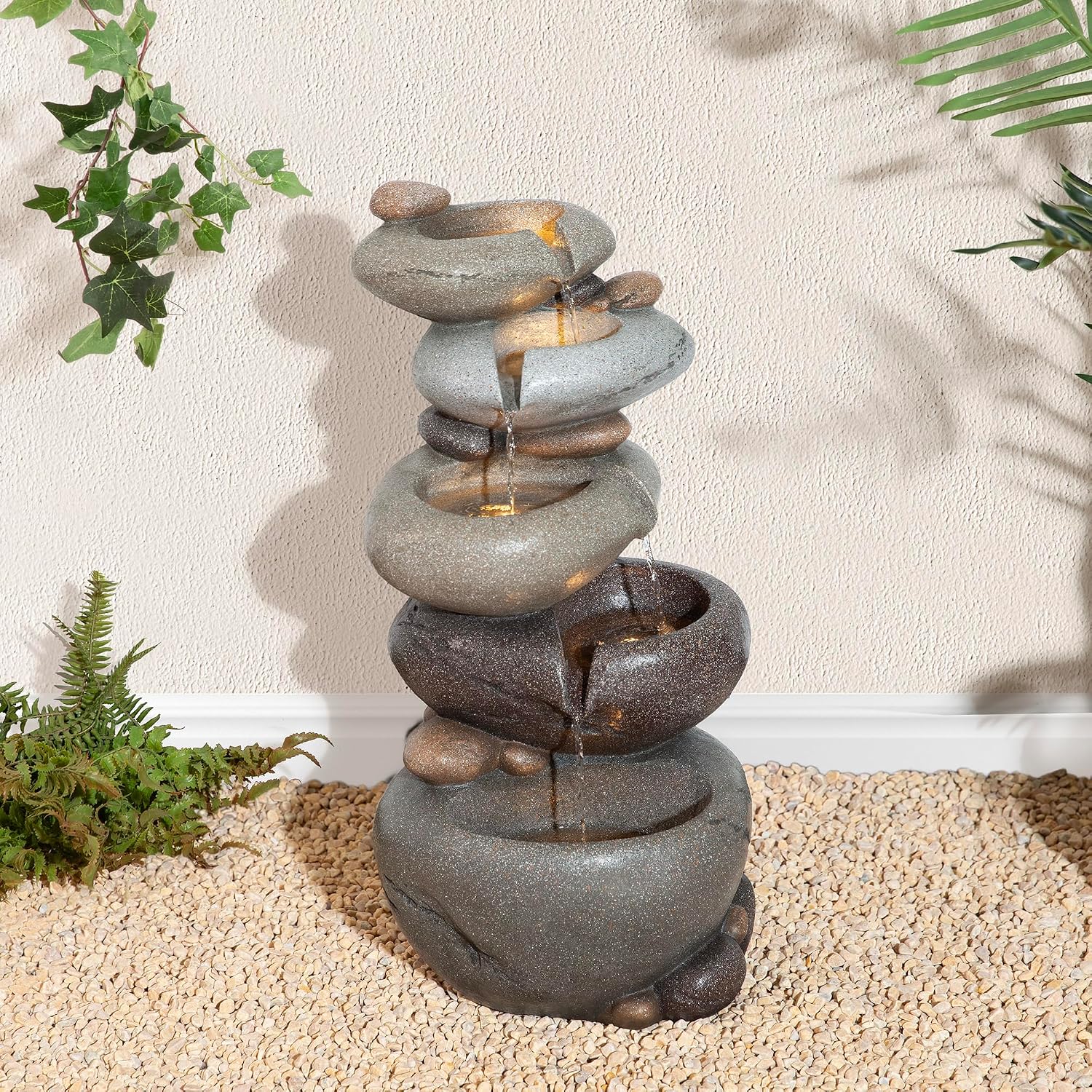 Glitzhome Water Fountain Outdoor, 5-Tiered Stacked Pebbles Outdoor Fountain with LED Lights and Pump, 24.5' H Zen Style Polyresin Waterfall Fountain Water Feature for Garden, Yard, Patio, Porch Decor