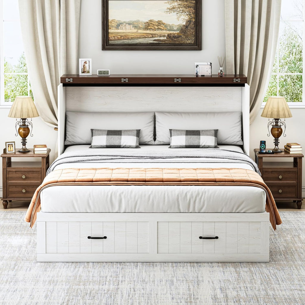 Full Size Murphy Bed with Charging Station and Large Drawer, Farmhouse Cabinet Bed with Storage, Multifunctional Wood Hidden Folding Bed Frame for Bedroom, White