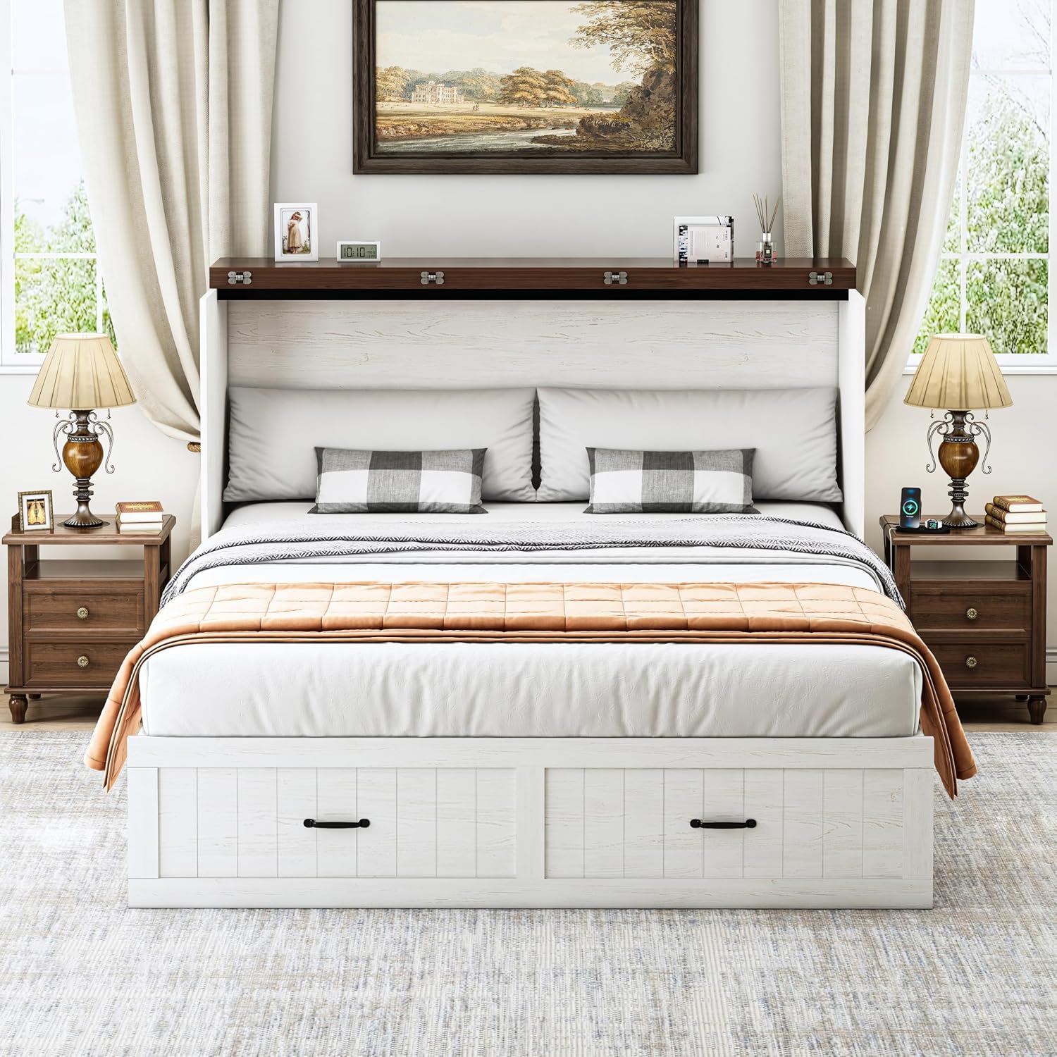 Full Size Murphy Bed with Charging Station and Large Drawer, Farmhouse Cabinet Bed with Storage, Multifunctional Wood Hidden Folding Bed Frame for Bedroom, White