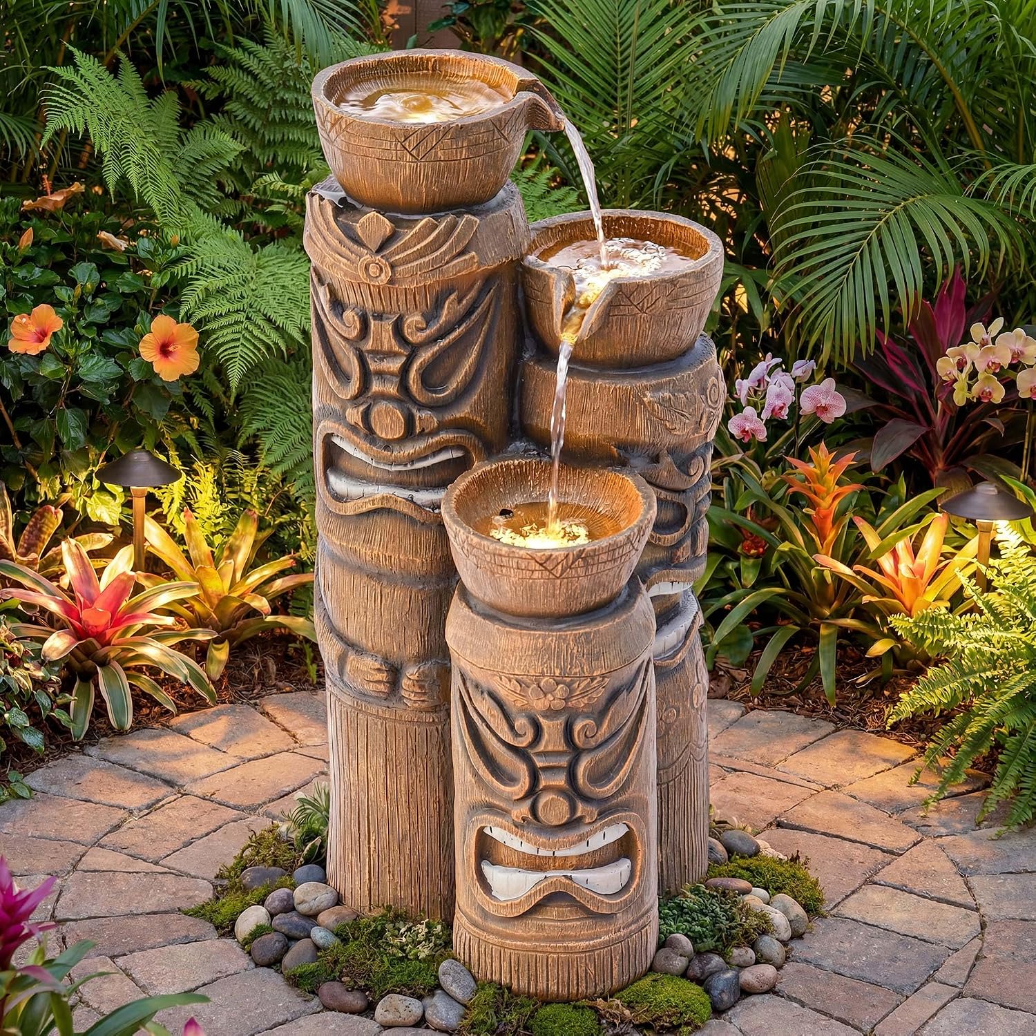 31' Outdoor Fountain, 3-Tier Tiki Head Bowl Water Feature with LED Lights, Tropical Resin Soothing Cascading Waterfall for Patio, Backyard, Garden or Porch