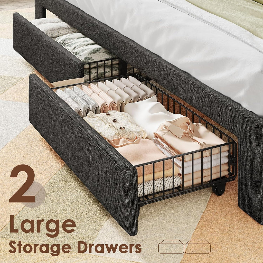 Driftalia Queen Bed Frame with 2-Tier Storage Headboard, Upholstered Bed Frame Queen Size with 2 Drawers, Charging Station and LED Lights, No Box Spring Needed, Easy Assembly - Dark Grey