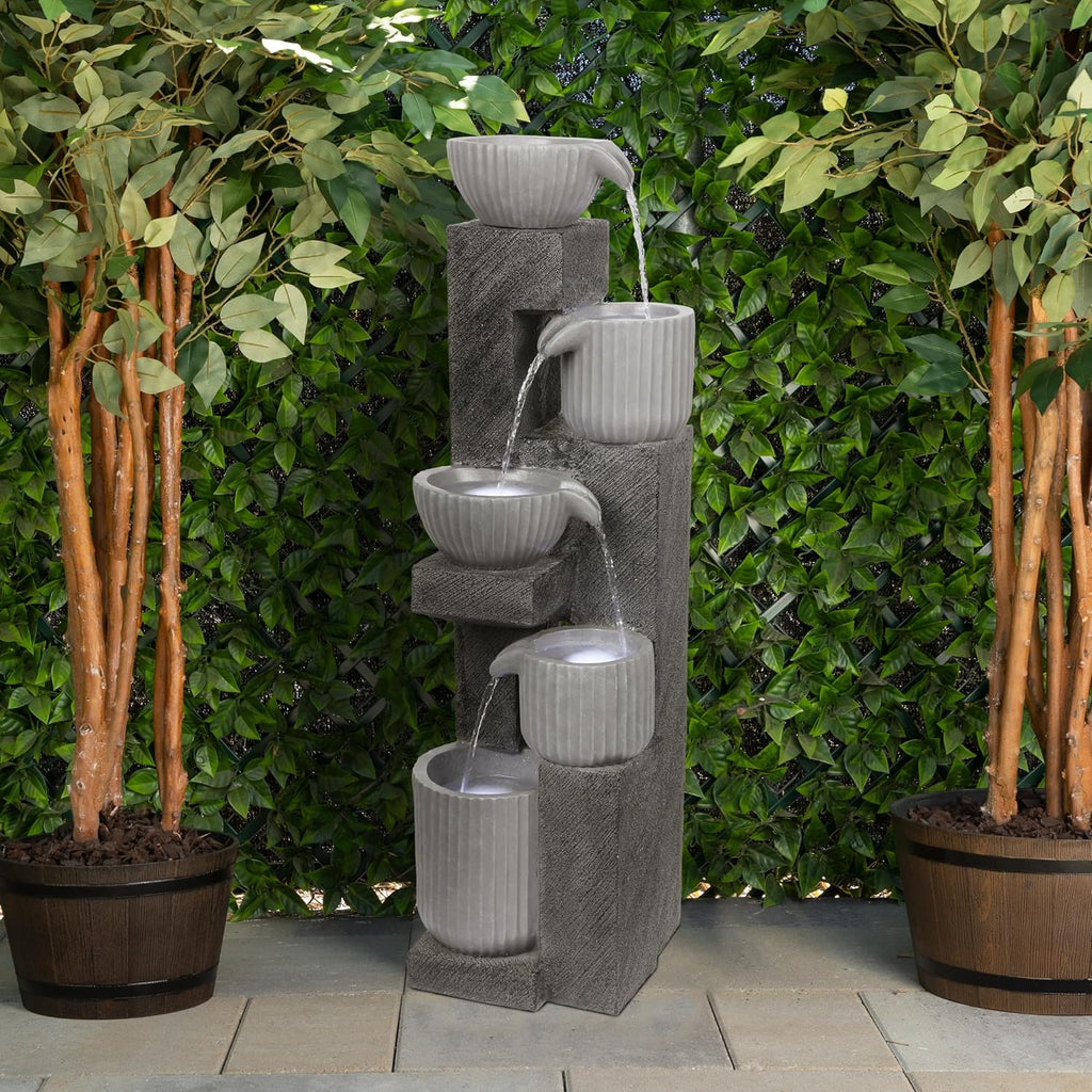 Alpine Corporation 40' Tall Outdoor 5 Tiered Pot Decorative Waterfall Floor Fountain with LED Lights, Perfect for Patios, Yards, and Landscaping, Gray