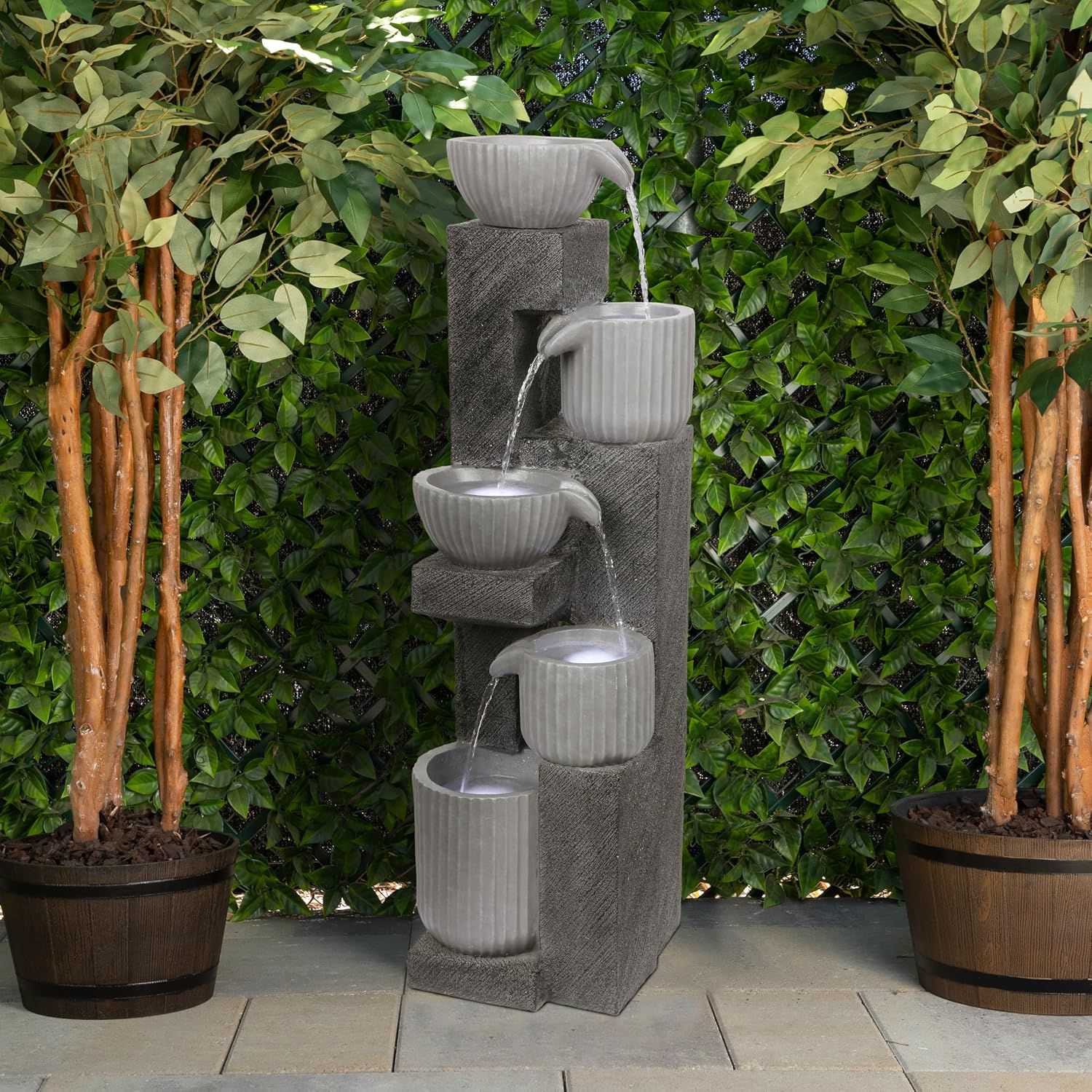 Alpine Corporation 40' Tall Outdoor 5 Tiered Pot Decorative Waterfall Floor Fountain with LED Lights, Perfect for Patios, Yards, and Landscaping, Gray