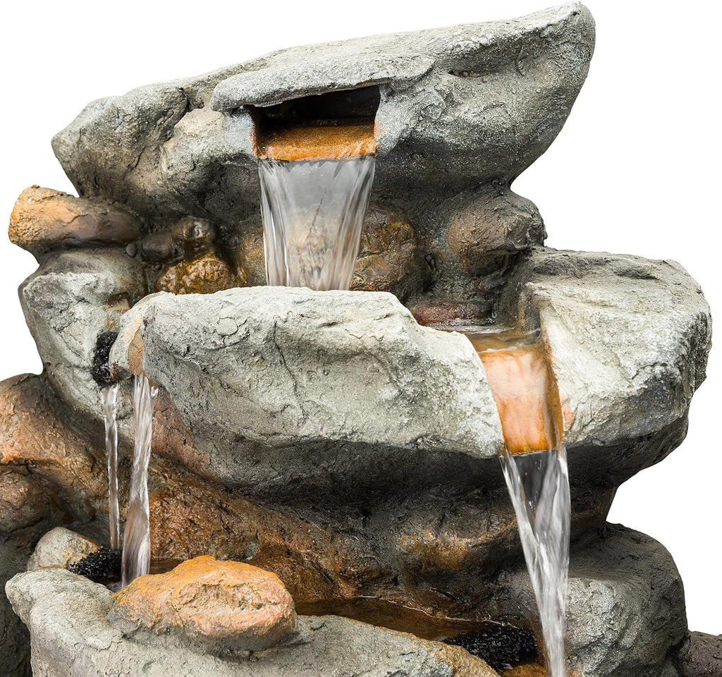 Alpine Corporation TZL130 Outdoor Floor 8-Tiered Rock Waterfall Fountain with LED Lights and Natural Stone Look, 50', Gray