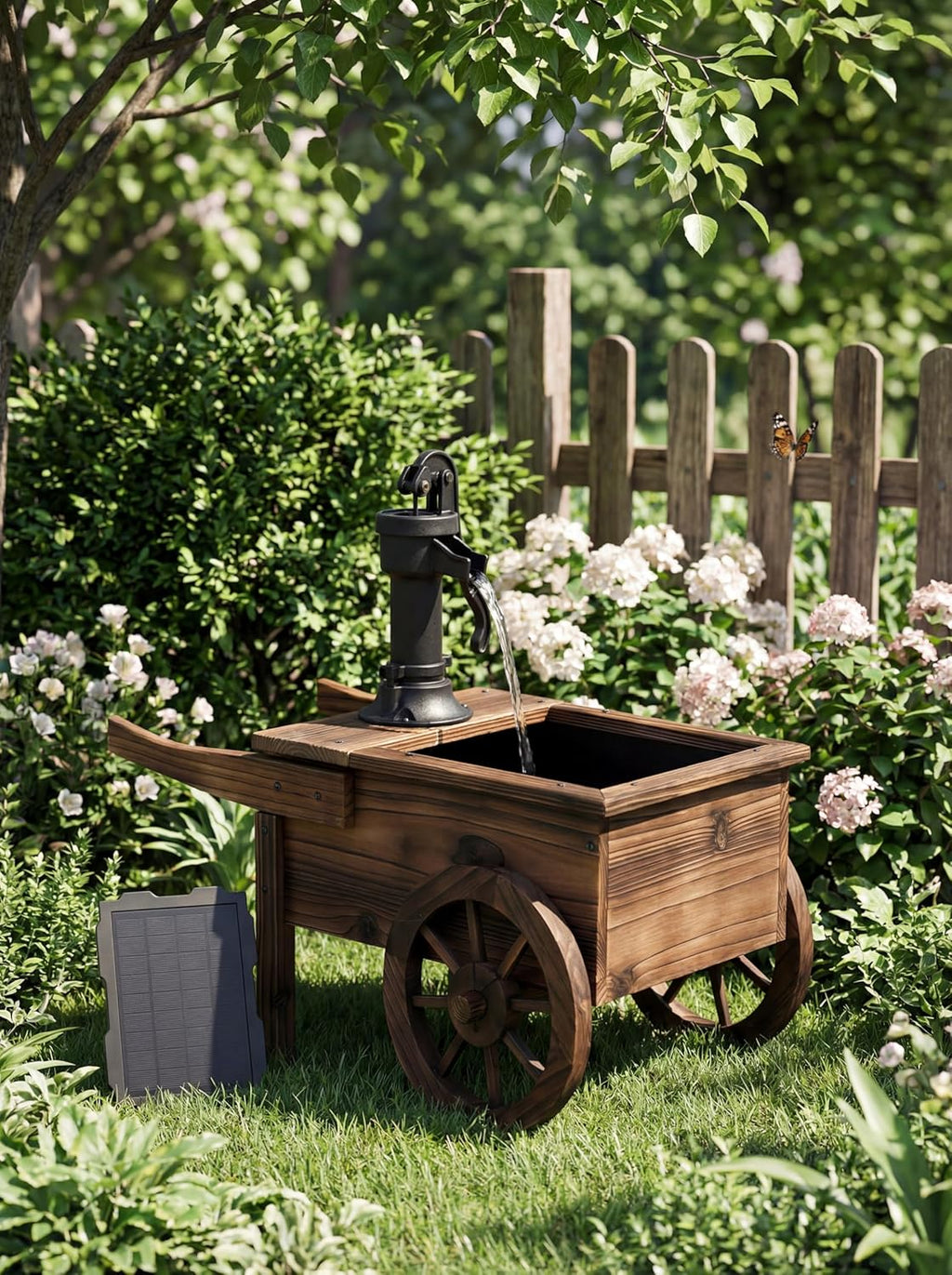Carbonized Wood Outdoor Freestanding Fountain - Movable Vintage Hand Pump Cart, Solar-Powered Electric Decorative Water Feature for Patio, Garden & Indoor Decoration