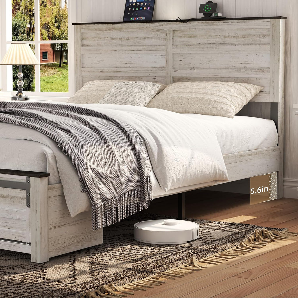 Wooden Bed Frame Queen Size with Headboard & Sliding Barn Door Storage Footboard, Farmhouse Platform Bedframe with Charging Station and LED Lights, No Box Spring Needed, Boho White