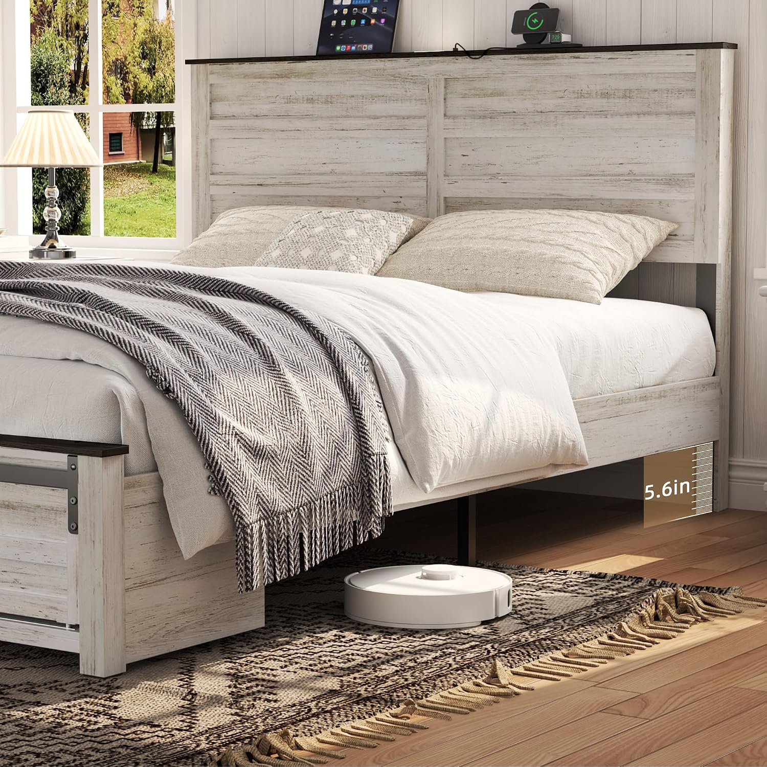 Wooden Bed Frame Queen Size with Headboard & Sliding Barn Door Storage Footboard, Farmhouse Platform Bedframe with Charging Station and LED Lights, No Box Spring Needed, Boho White