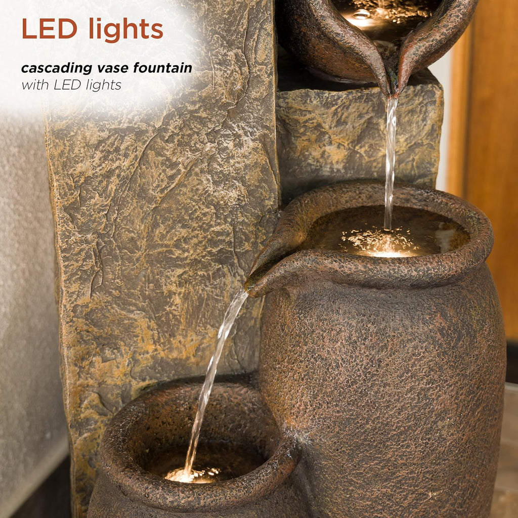 Alpine Corporation GIL140 43' Tall Indoor Outdoor Pottery Fountain with Replaceable LED Lights, Water Feature for Garden, Patio, and Home Decor, Brown