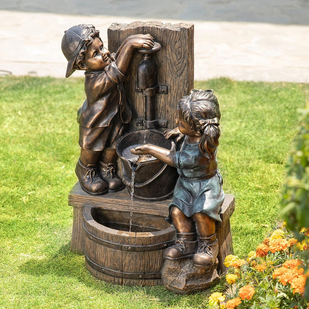 Glitzhome Outdoor Water Fountain with LED Light, Children Playing with Faucet Waterfall Fountains, Antique Bronze Resin Boy and Girl Statue Outdoor Waterfall Fountain for Patio Backyard Garden, 25'H