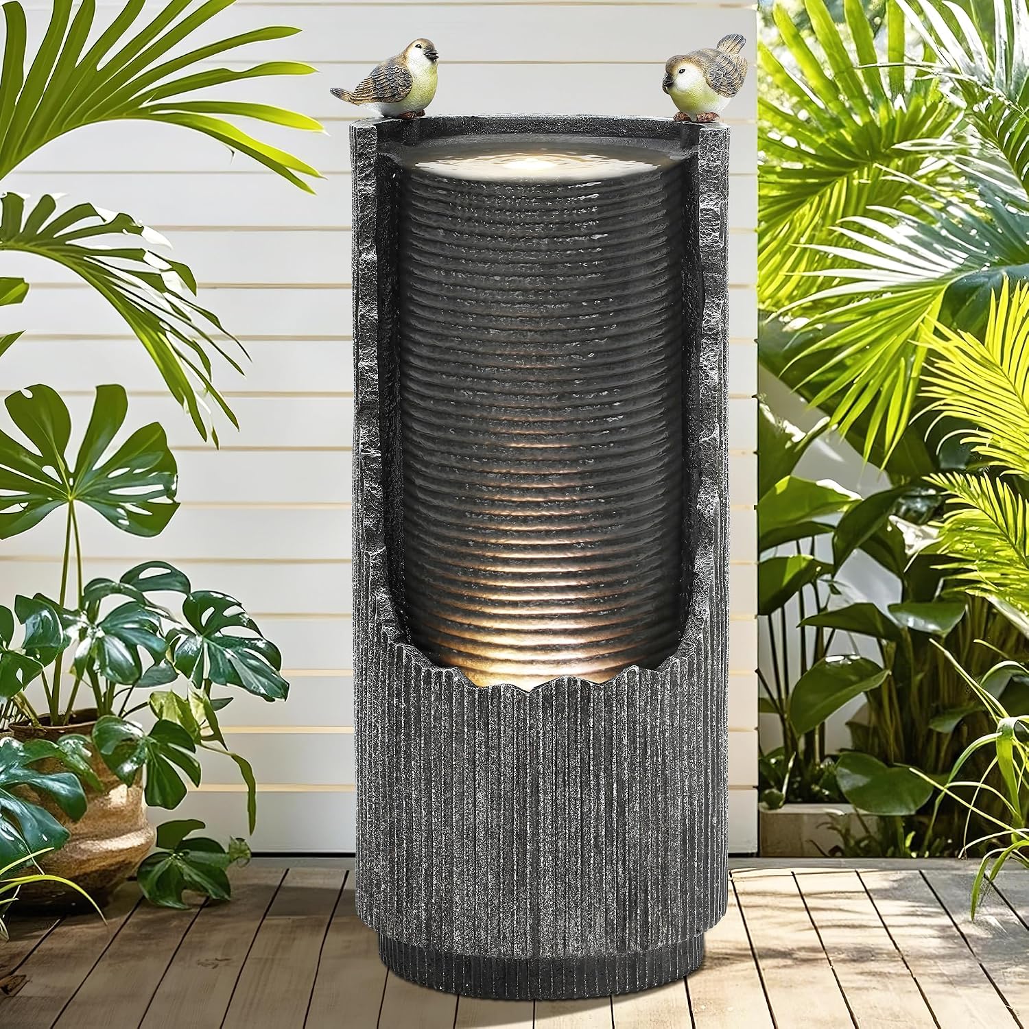 32' Rustic Cracked Jar Water Fountain Outdoor with LED Lights, Polyresin Freestanding Waterfall Feature, Tranquil Oasis for Garden, Patio, Yard, or Porch