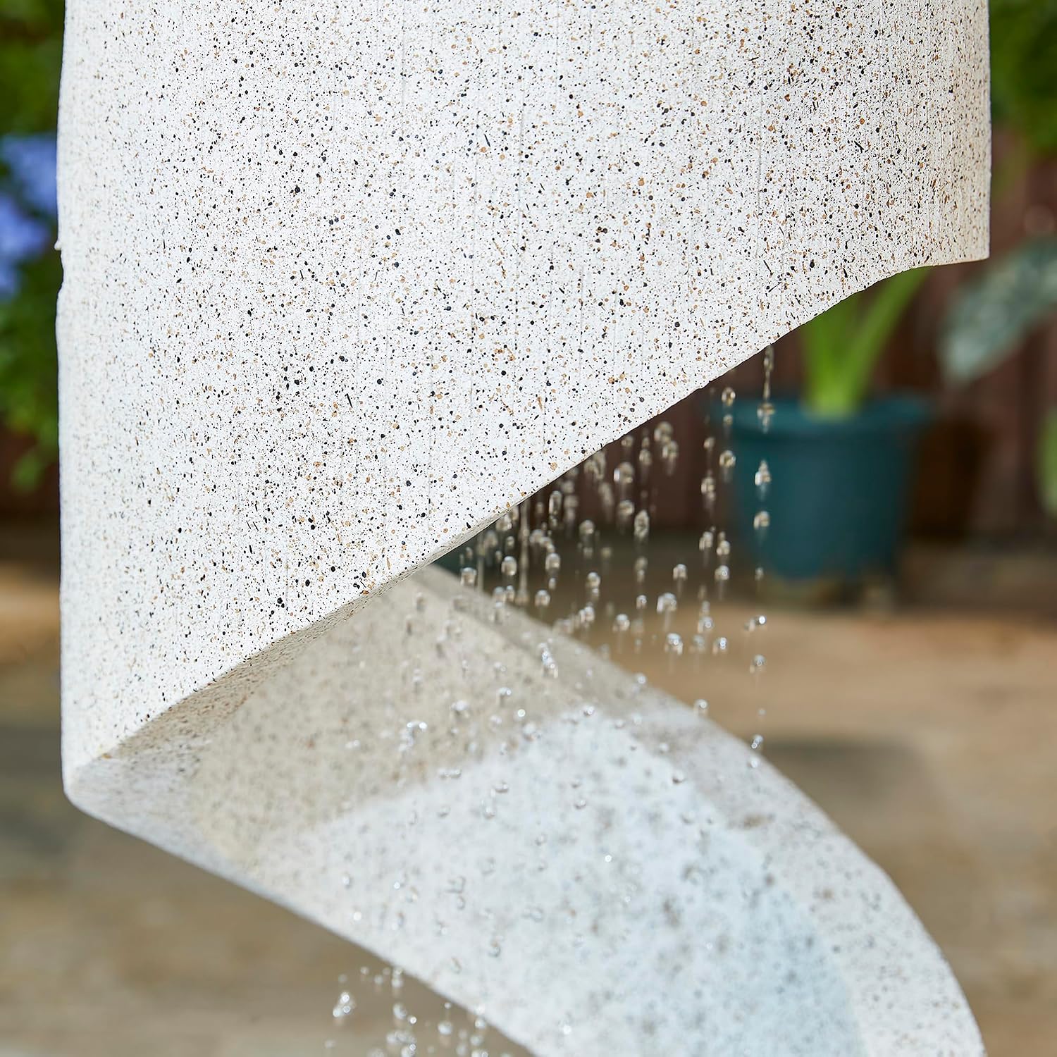 Glitzhome Outdoor Water Fountain with LED Light, Decorative Tiered Curved Waterfall Fountain with Stone Planter, Faux Terrazzo Spiral Shaped Outdoor Fountains for Garden Deck Patio Porch, 31.25'H