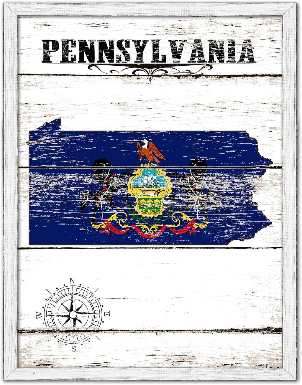 Pennsylvania State Map Flag Cottage Shabby Chic Gifts Home Decor Wall Art Canvas Print, White Wash Wood Frame, 28' x 37'