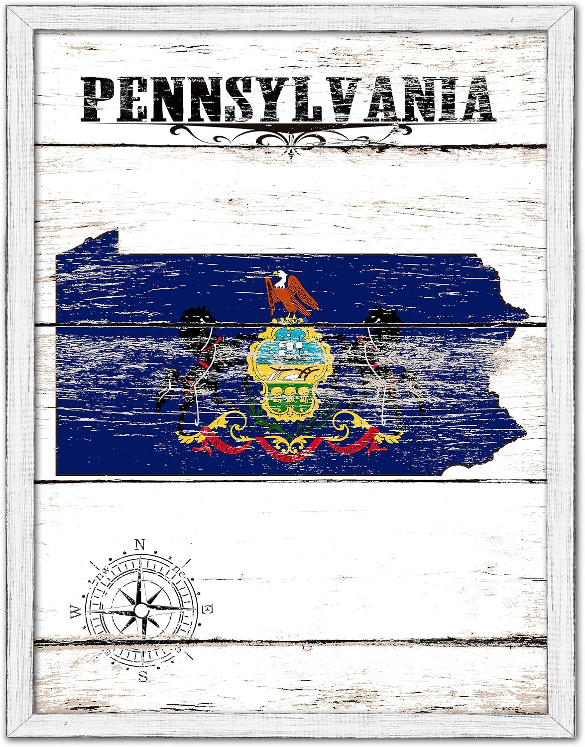Pennsylvania State Map Flag Cottage Shabby Chic Gifts Home Decor Wall Art Canvas Print, White Wash Wood Frame, 28' x 37'