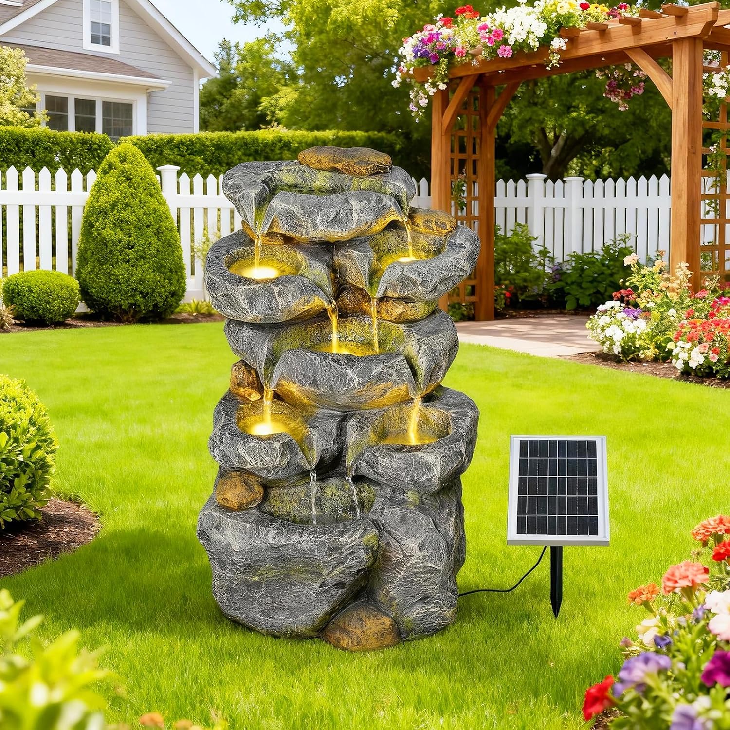 Solar Water Fountain Outdoor Garden, 24' H Cascading Stone Design 5 Tier Rock Feature Outdoor Fountains Waterfalls with Light, Pump Solar Panel for Patio, Deck, Porch, Backyard Home Décor