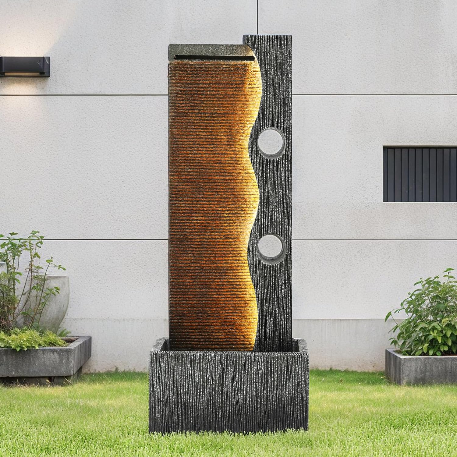 39.4' Modern Zen Faux Slate Water Fountain for Indoors or Outdoors with LED Lights, Cascading Waterfall, Tranquil Water Feature for Patio, Garden, Deck or Porch