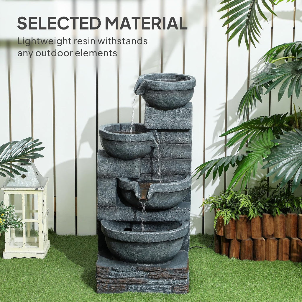 Outsunny 30' Tall Outdoor Waterfall Fountain with LED Lights, 4-Tier Resin Cascading Water Bowls with Pump, Gray