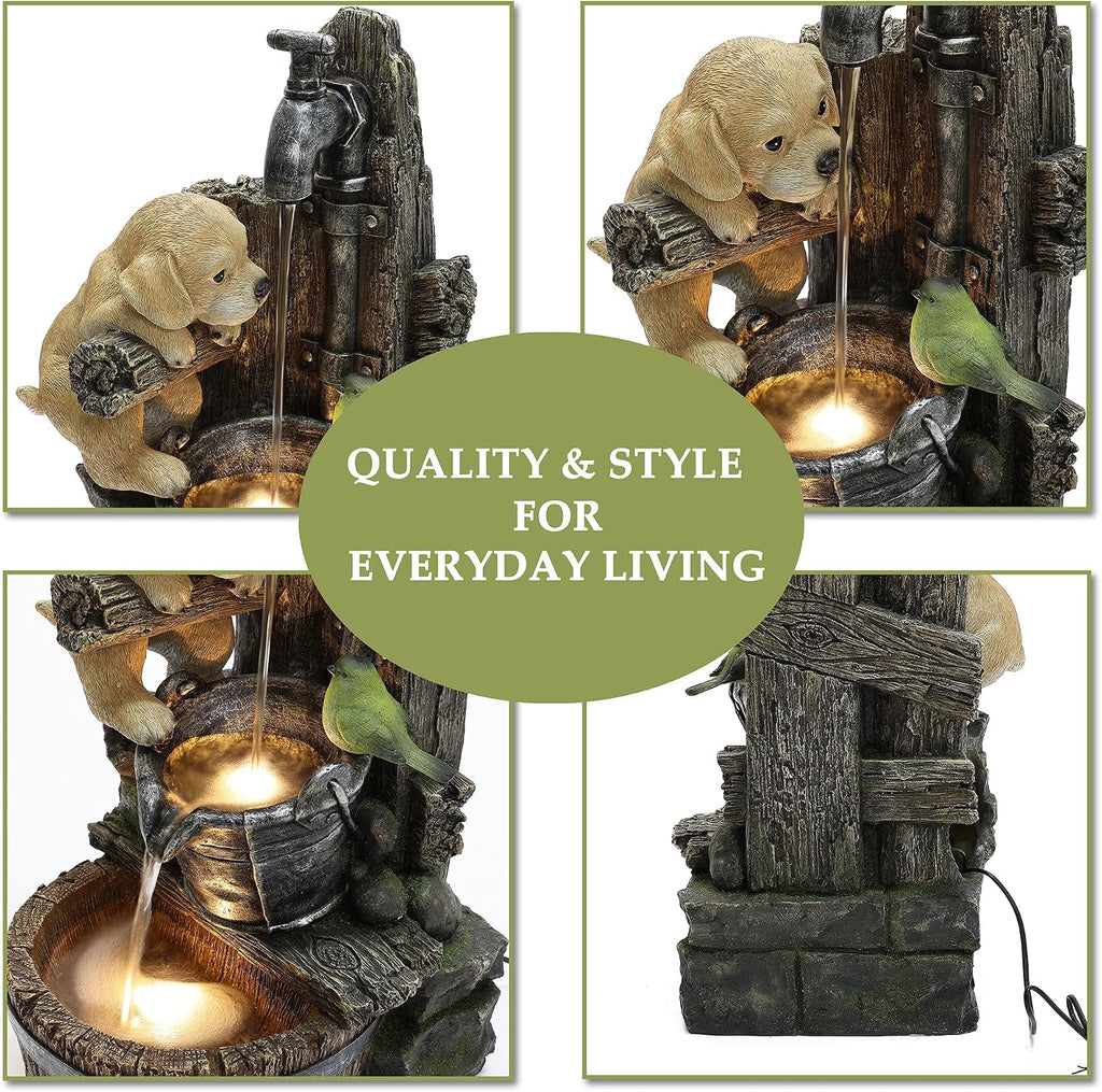 LuxenHome Water Fountain Outdoor, 25' Whimsical Puppy Dog Resin Outdoor Water Fountain with LED Lights, Decorative Garden Waterfall Fountains Indoor and Outdoor for Patio, Garden Decor