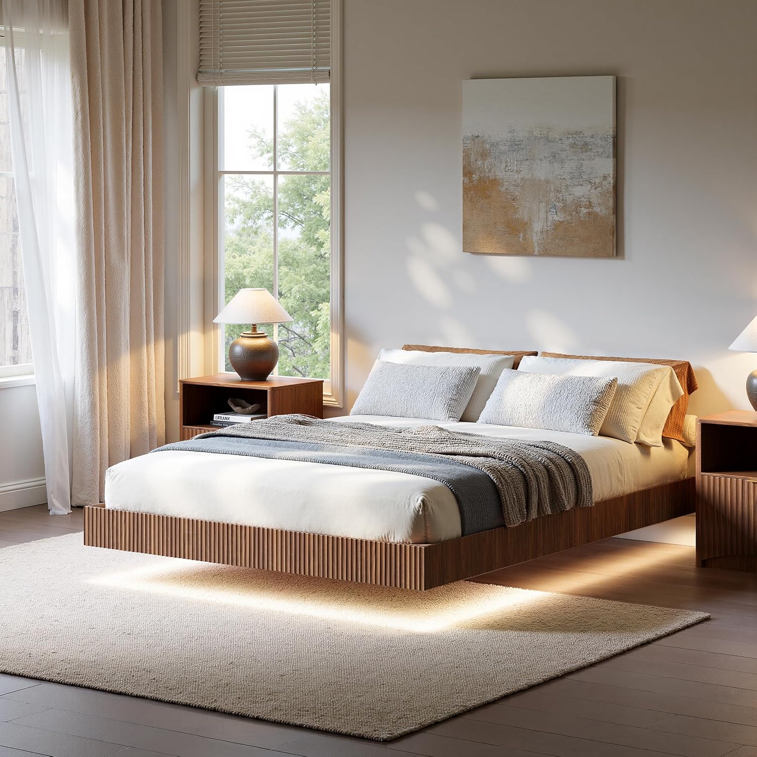 Evermagin Walnut Queen Floating Bed Frame with led Lights, Fluted Platform Bed No Headboard, Heavy Duty Mid Century Modern Float Metal Bedframe, No Box Spring Needed (Walnut, Queen-10in high)