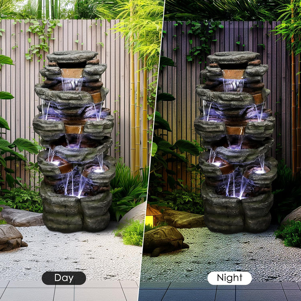 SunJet 47.2' High 6-Tiers Cascading Rock Outdoor Water Fountain with LED Lights - Large Outdoor Fountains and Waterfalls for Garden or Patio, Yard, and Deck Decor, Featuring Natural Stone Look