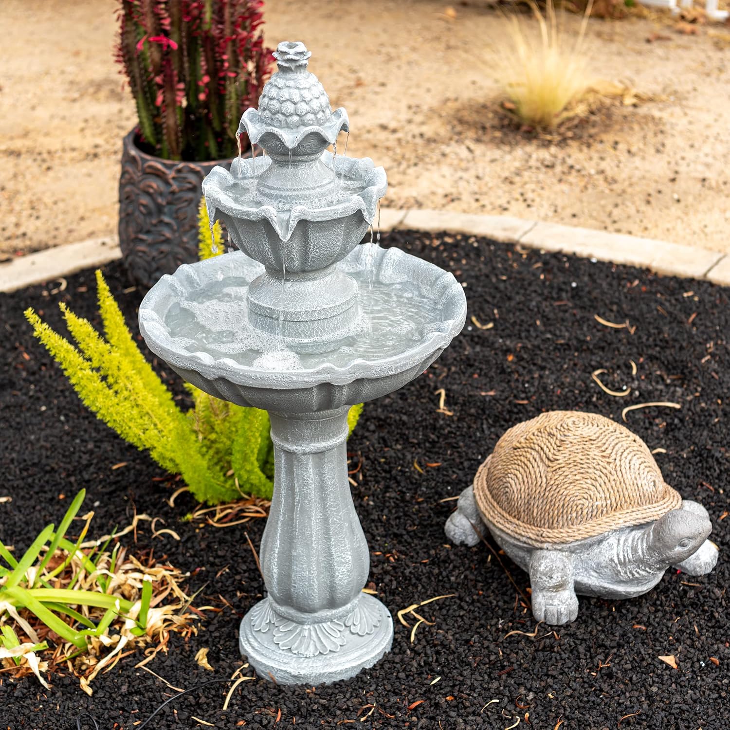 XBrand 36.2' Solar Powered 2-Tier Outdoor Water Fountain, Resin Fountain with Solar Panel Pump, Gray