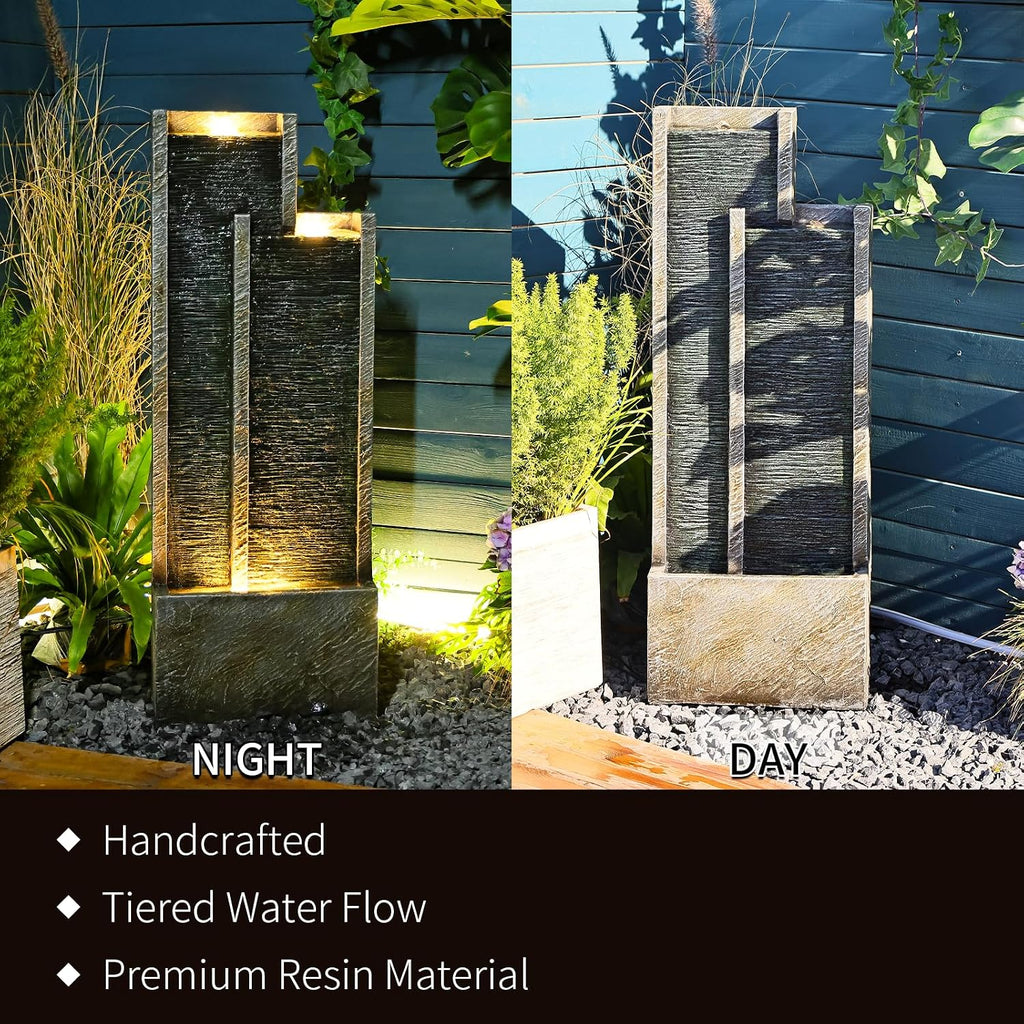 35' Modern Double Column Waterfall Fountain - Outdoor Water Fountain with LED Lights, Freestanding Waterfall Feature for Garden, Patio, Deck, Porch, and Home Decor, Rectangular Resin Design