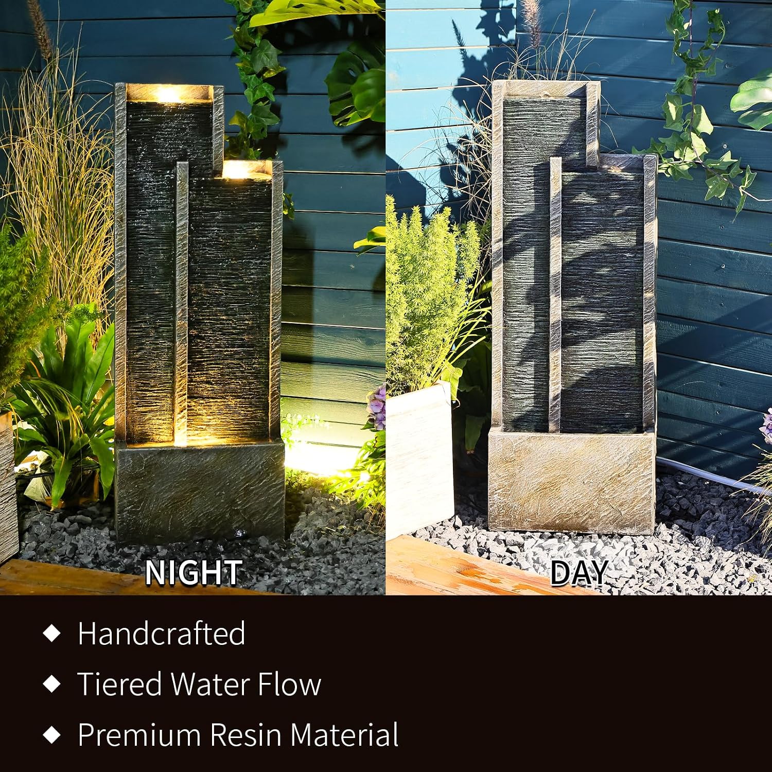 35' Modern Double Column Waterfall Fountain - Outdoor Water Fountain with LED Lights, Freestanding Waterfall Feature for Garden, Patio, Deck, Porch, and Home Decor, Rectangular Resin Design