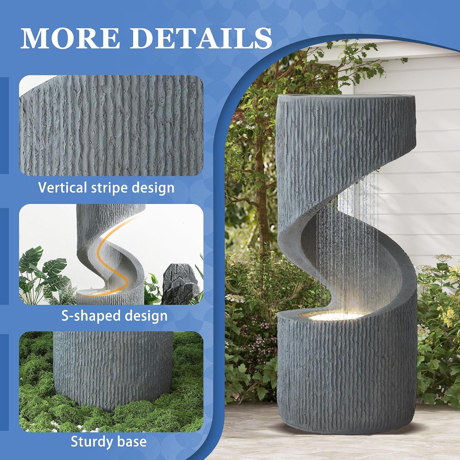 31.9' Outdoor Garden Water Fountain, S-Shaped Cascading Fountains and Waterfalls with LED Lights & Splash-Proof Net, Indoor/Outdoor Floor Standing Water Feature for Patio, Backyard, Home Decor