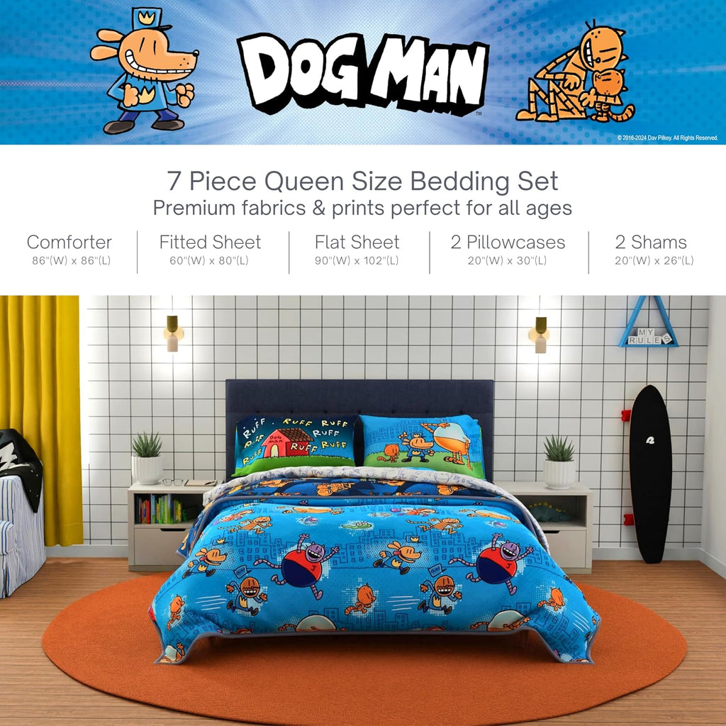 Dog Man Supa Buddies Book Kids Bedding Set, Queen Size 7 Piece Set Super Soft Cozy Reversible Comforter and Sheet Set with Sham, (Officially Licensed Product) by Franco