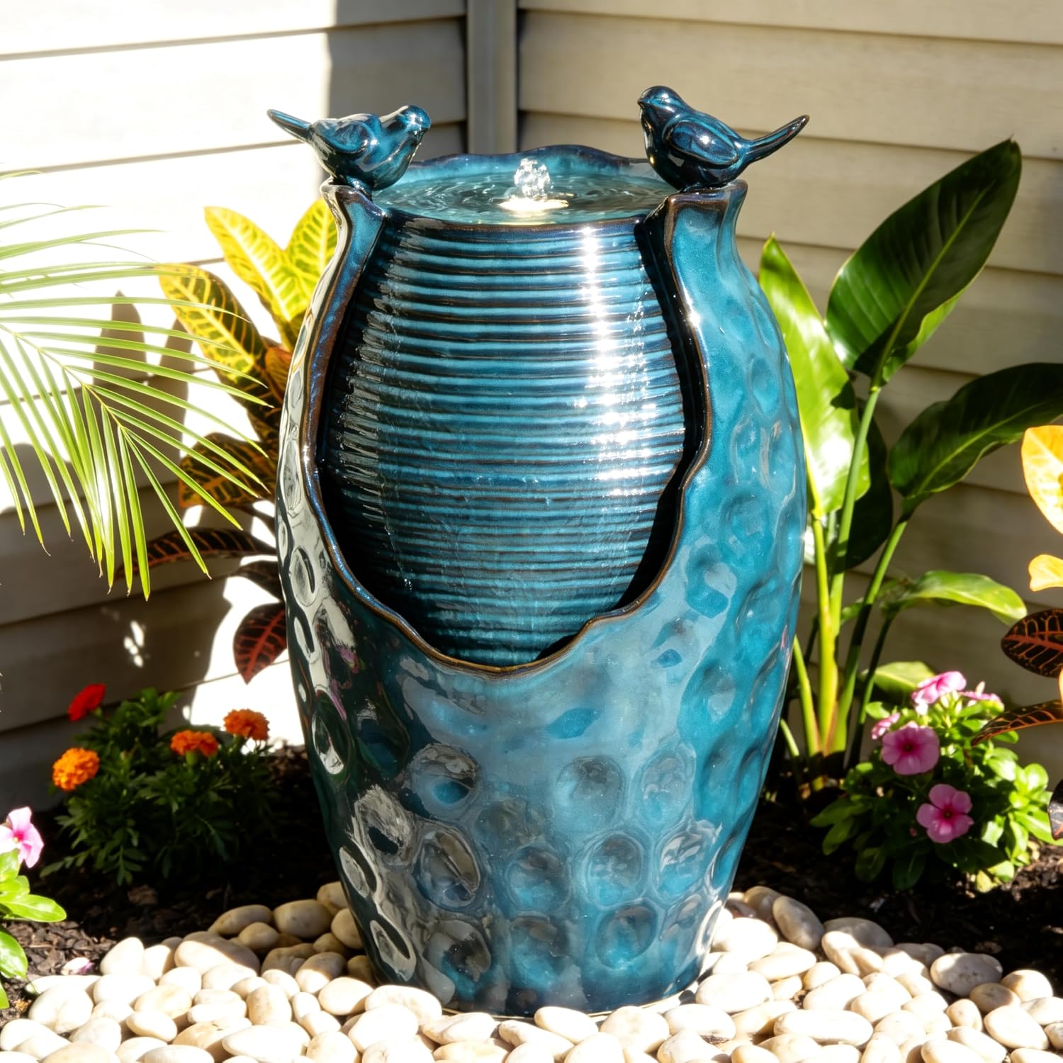24.8' H Ceramic Jar Outdoor Water Fountain with LED Lights & Bird Accents, Elegant Turquoise Glaze with Bubble-Like Texture, Decorative Garden Water Feature