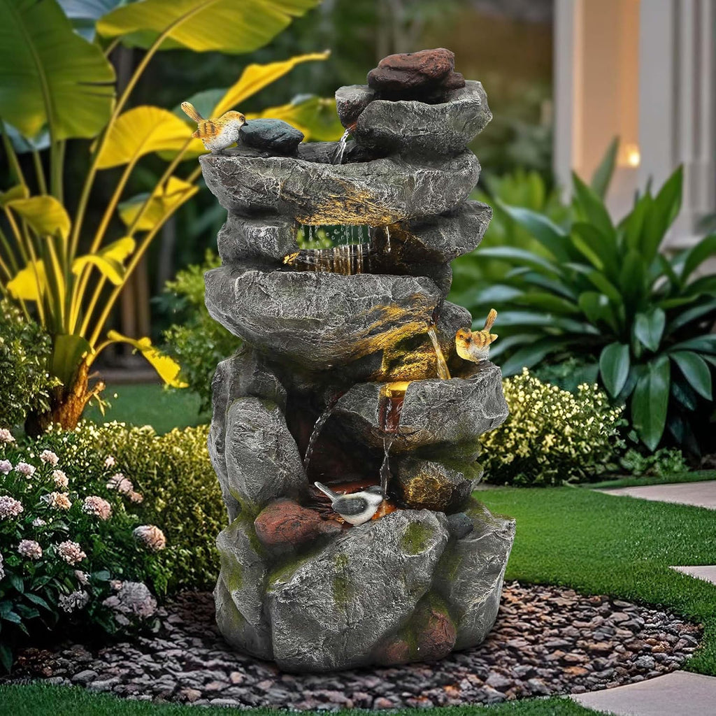 31.5' H Multi-Tier Rock Outdoor Water Fountain with LED Lights and Pump, Garden Fountain Waterfall for Patio, Porch, or Yard