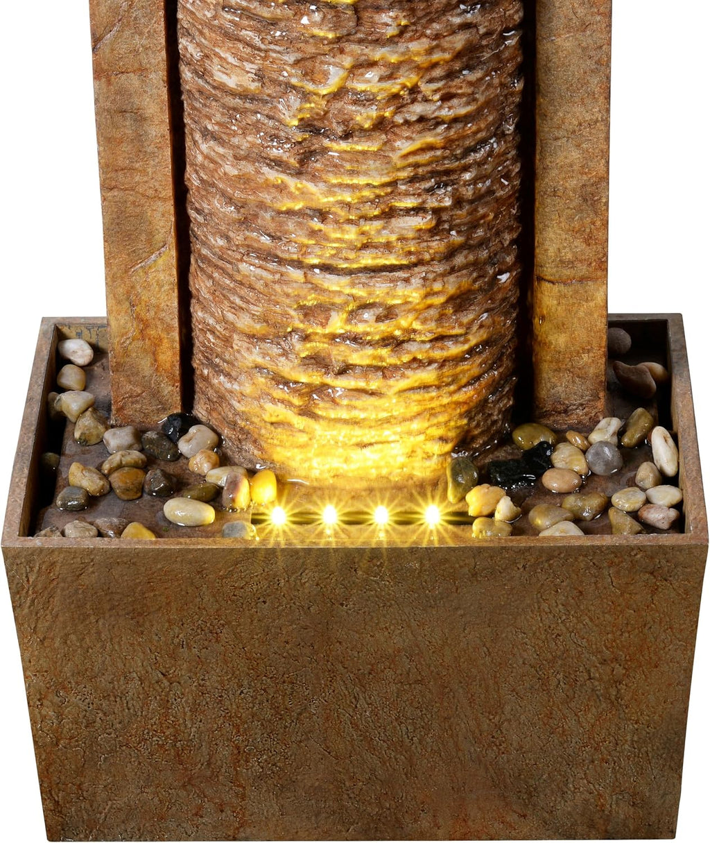 Teamson Home Framed Layered Rock Design Patio Water Fountain–Warm Glow Lighting with Steady Flow & Electric Pump, Brown