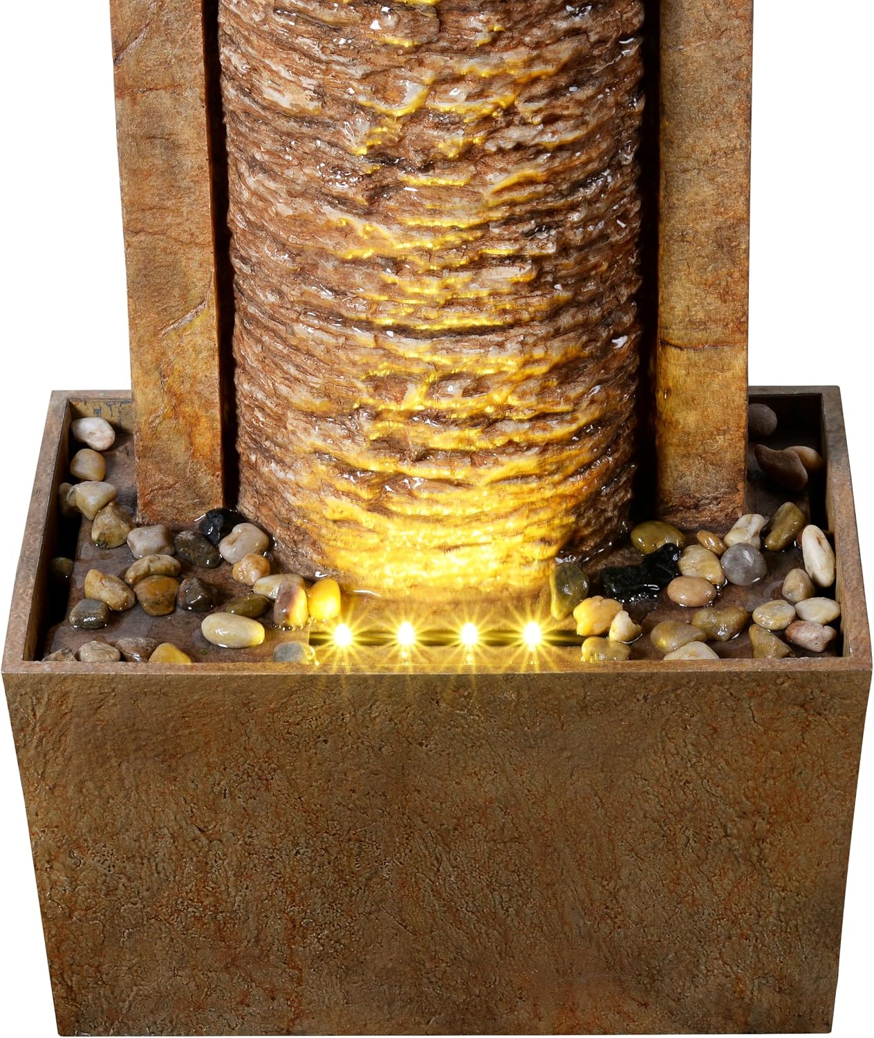 Teamson Home Framed Layered Rock Design Patio Water Fountain–Warm Glow Lighting with Steady Flow & Electric Pump, Brown