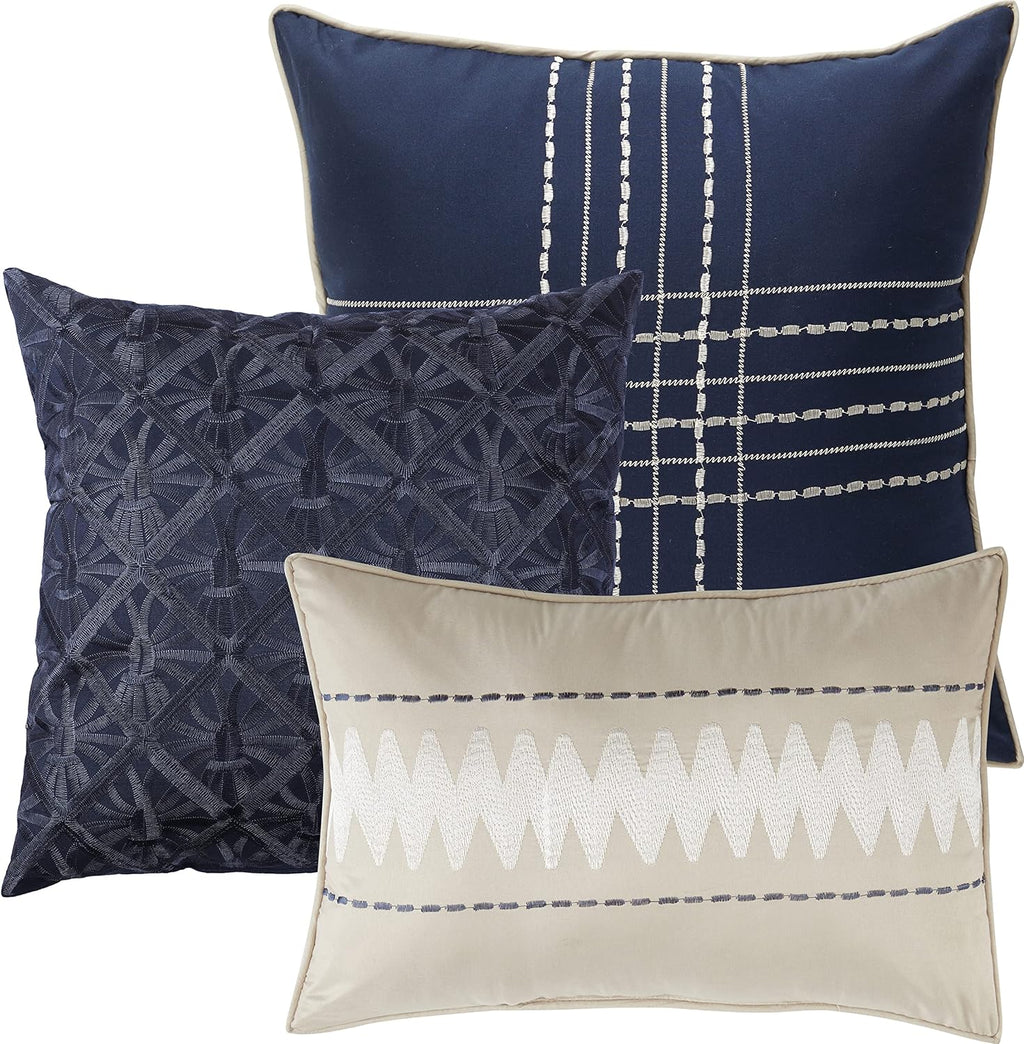 Startford Park Navy Striped California King Comforter Set, 7 Piece, Jacquard & Clip Geometric All Season Premium Bedding Set