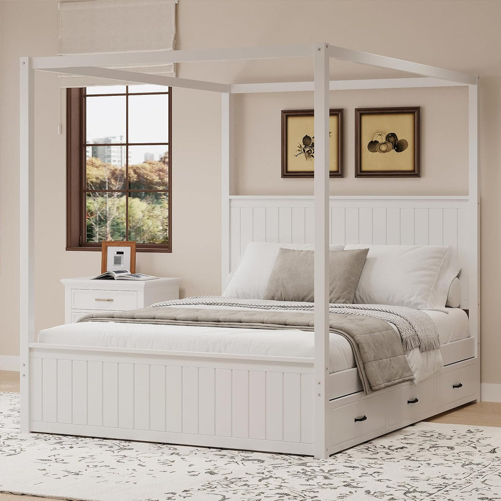 Queen Size Canopy Bed with Trundle and Three Storage Drawers, 4-Post Wood Bed Frame with Headboard, No Box Spring Needed (White)