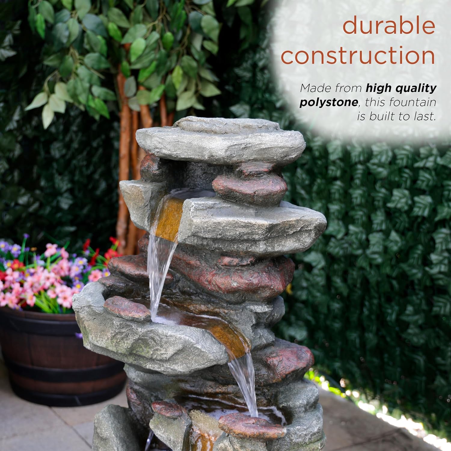 Alpine Corporation 31' Tall Outdoor 4-Tier Rock Floor Fountain, Cascading Waterfall with Cool White LED Lights, Gray