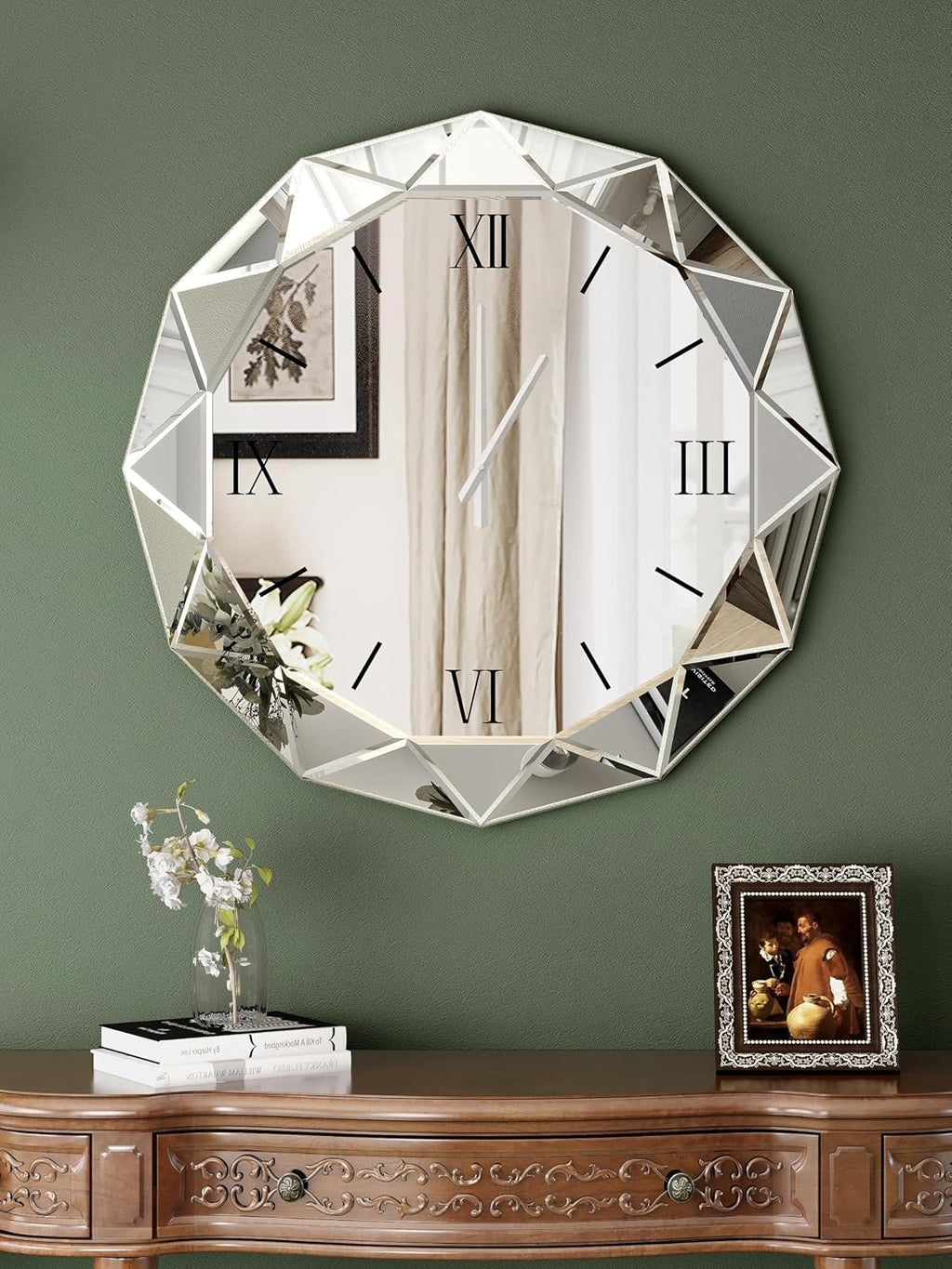 SHYFOY Decorative Wall Clock, 24 inch Mirrored Large Clock for Wall Decorative, Silver Modern Clock Silent Movement Glass Clocks for Living Room Decor