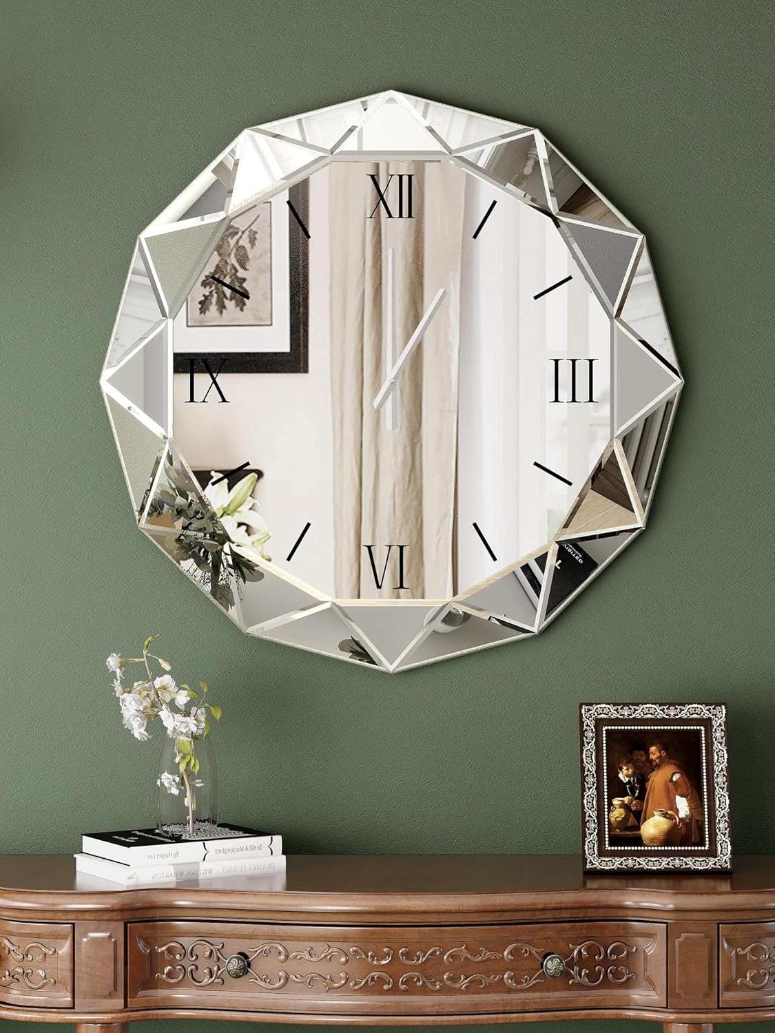 SHYFOY Decorative Wall Clock, 24 inch Mirrored Large Clock for Wall Decorative, Silver Modern Clock Silent Movement Glass Clocks for Living Room Decor