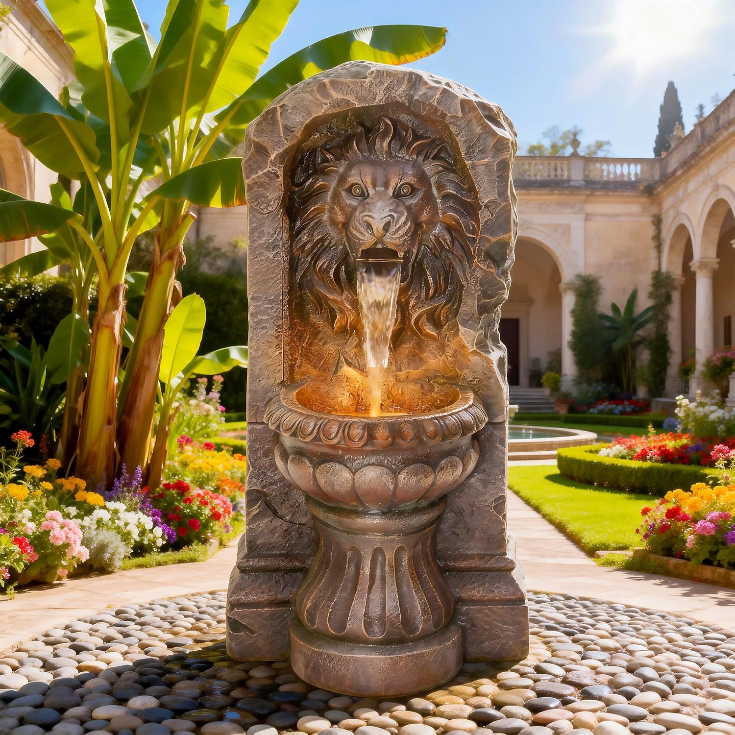 30' Majestic Lion Head Outdoor Water Fountain, Rustic Stone Pedestal Cascading Water Feature with Warm LED Lights, Tranquil Oasis for Outside Garden Patio Yard Decor