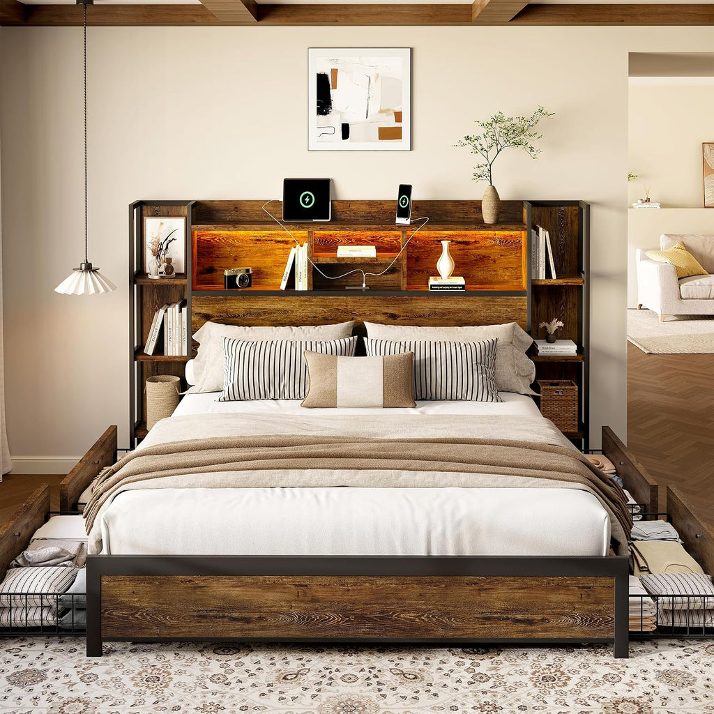BRELTAM King Size Bed Frame with 4 Storage Drawers and Headboard Featuring Shelf Storage, Wooden Platform Bed Frame with LED Lights and Charging Station, Easy Assembly/No Box Spring Needed/Brown