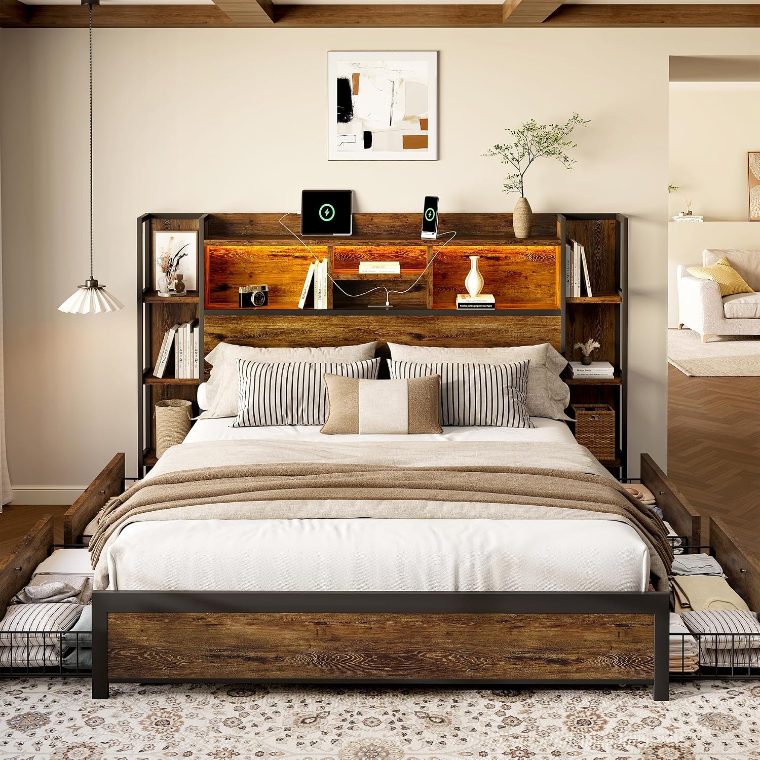 BRELTAM King Size Bed Frame with 4 Storage Drawers and Headboard Featuring Shelf Storage, Wooden Platform Bed Frame with LED Lights and Charging Station, Easy Assembly/No Box Spring Needed/Brown
