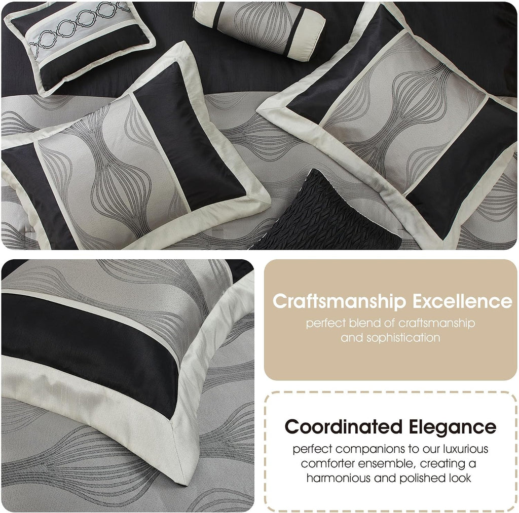 Stratford Park Black and Silver Comforter Set King Size, Elegant 7 Pieces Striped All Season Bedding Set