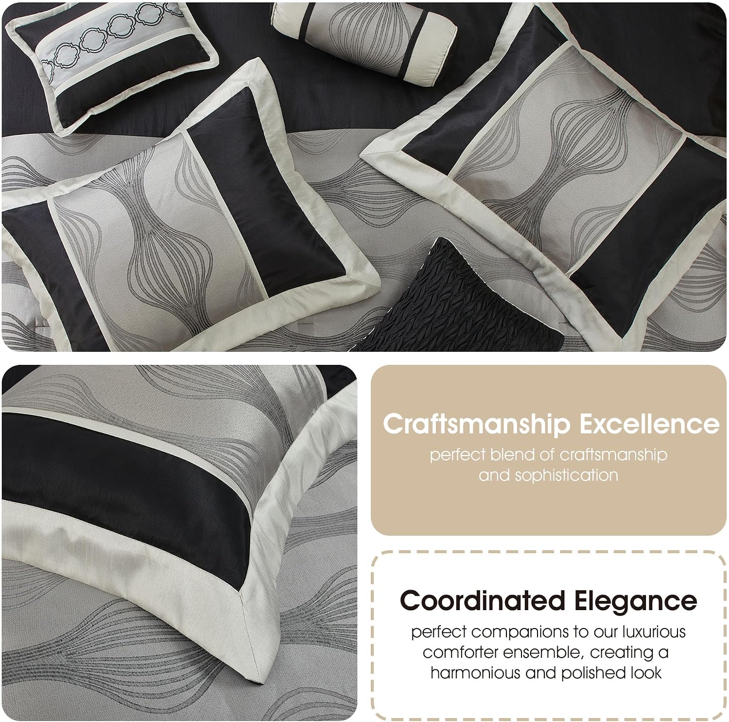 Stratford Park Black and Silver Comforter Set King Size, Elegant 7 Pieces Striped All Season Bedding Set