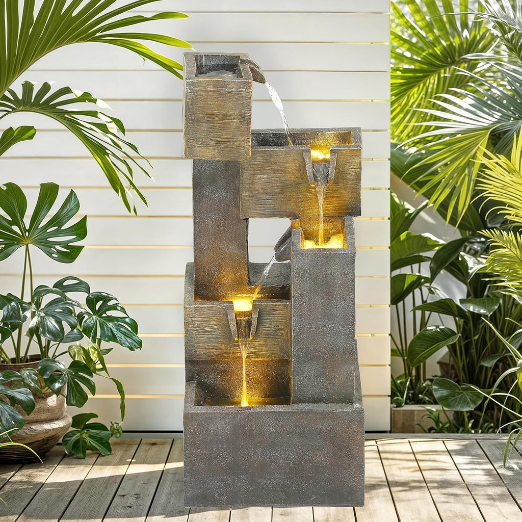 32.5' Modern Outdoor Water Fountain with LED Lights, 5-Tier Stacked Blocks Garden Fountain Cascading Waterfall Feature for Relaxing Garden, Patio, Backyard, Deck, Porch or Home Décor