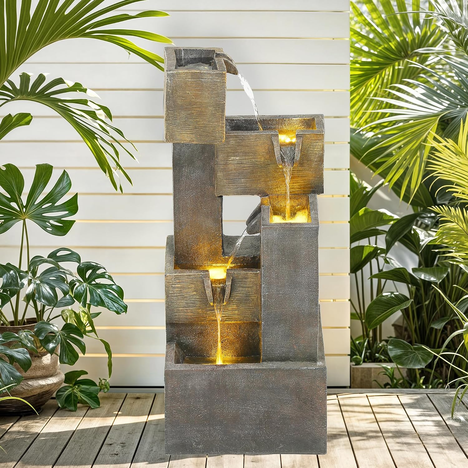 32.5' Modern Outdoor Water Fountain with LED Lights, 5-Tier Stacked Blocks Garden Fountain Cascading Waterfall Feature for Relaxing Garden, Patio, Backyard, Deck, Porch or Home Décor