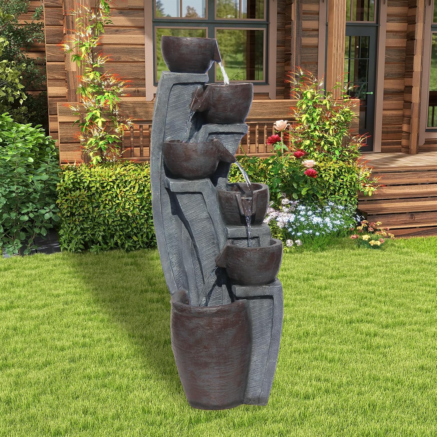 6-Tier Cascading Outdoor Water Garden Fountain 49.61''H Modern Floor-Standing Indoor Waterfall Fountains Bowl and Jar Water Feature with LED Lights for Office Home Art Decor Deck Yard Patio Porch
