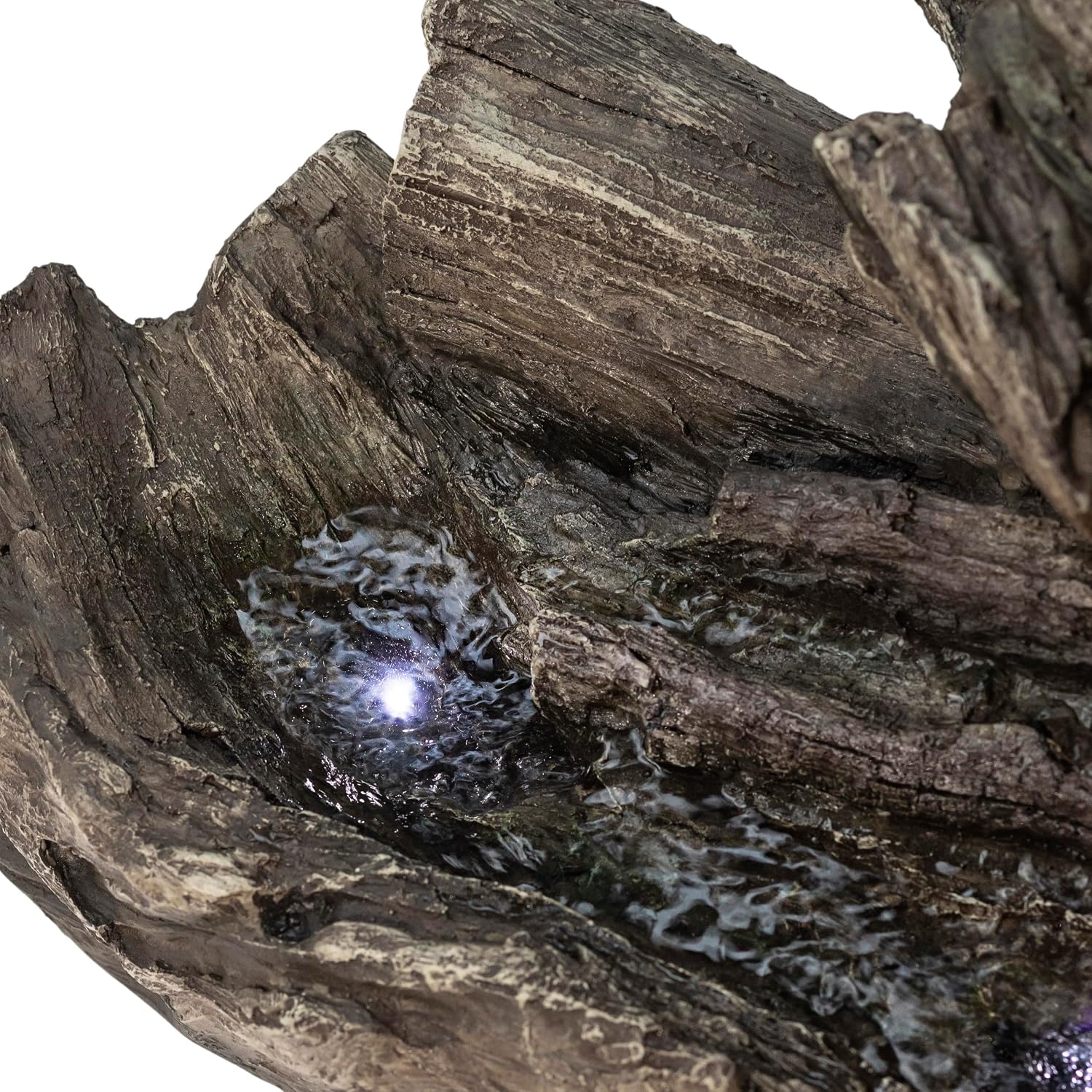 Alpine Corporation 24' Tall Outdoor 2-Tier Fallen Tree Trunk Water Fountain with LED Lights, Rustic Cascading Design for Garden, Patio & Yard Decor, Beige