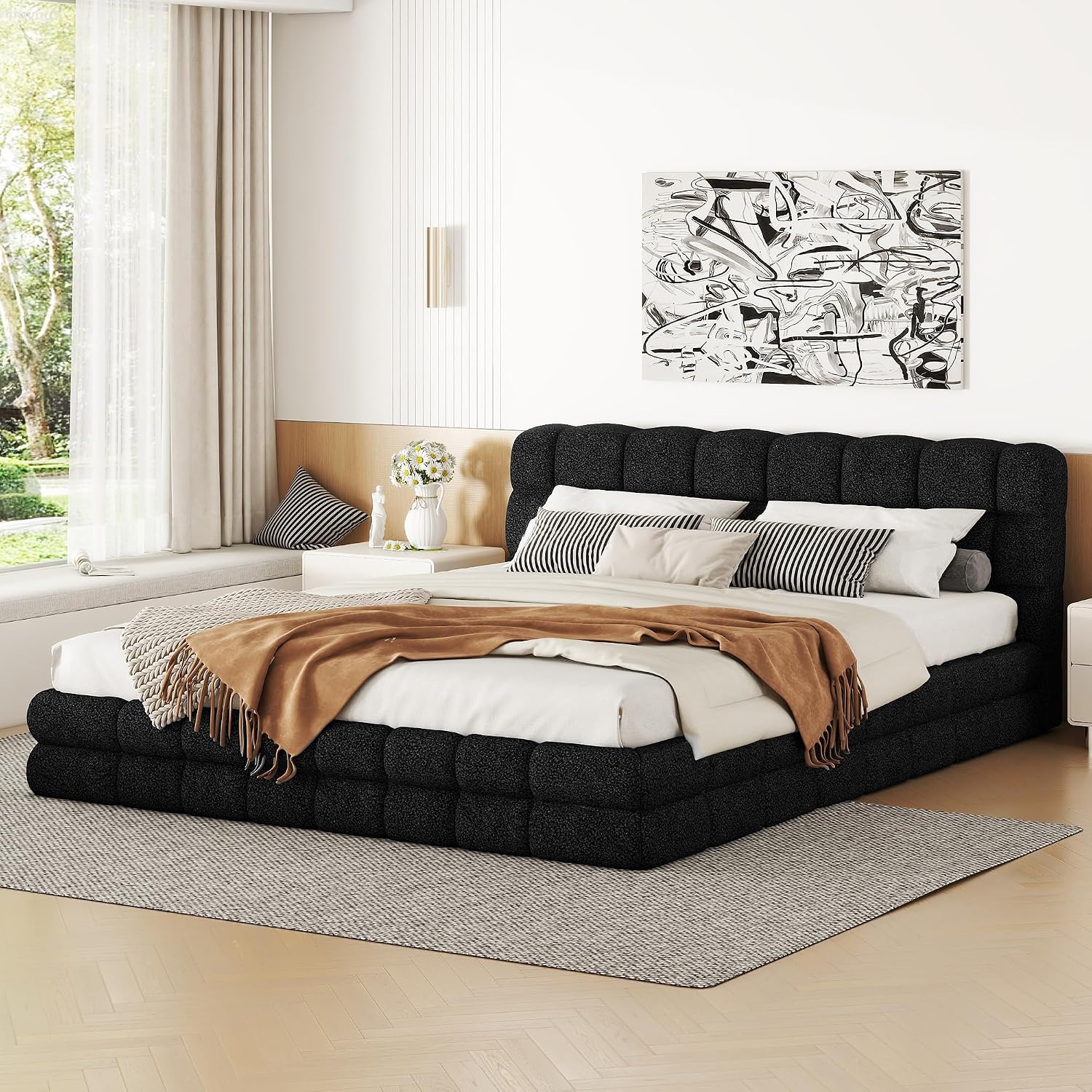 Ball & Cast Queen Size Low Bed Frame with Soft Fleece Headboard, Grounded Floor Platform Bed with Wood Slats Support for Kids Teens Adults, No Box Spring Needed,Easy Assembly,Black