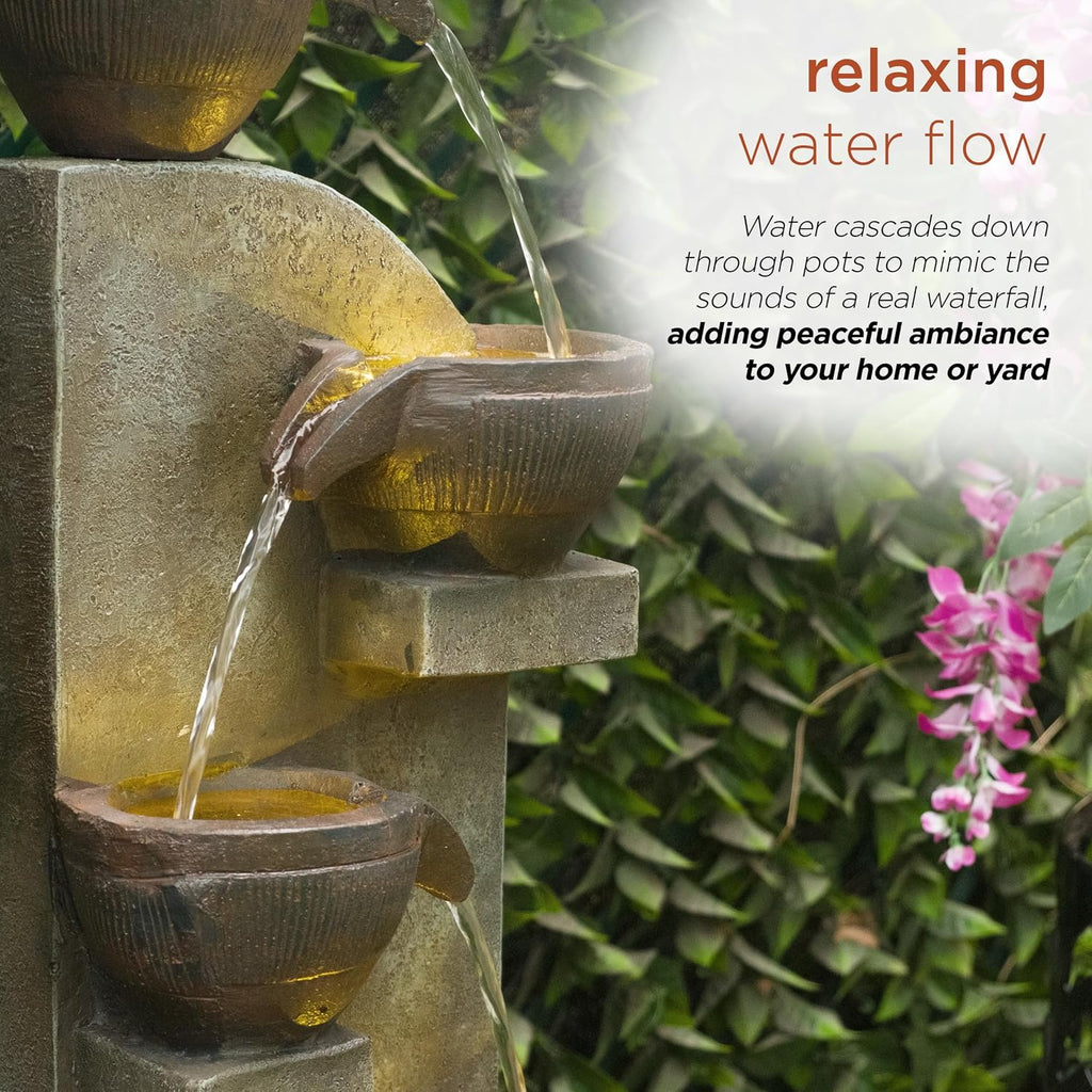 Alpine Corporation 40' Tall Indoor/Outdoor 4-Tier Fountain with LED Lights, Cascading Pot and Bowl Water Feature, Elegant Waterfall for Garden, Patio & Home, Brown